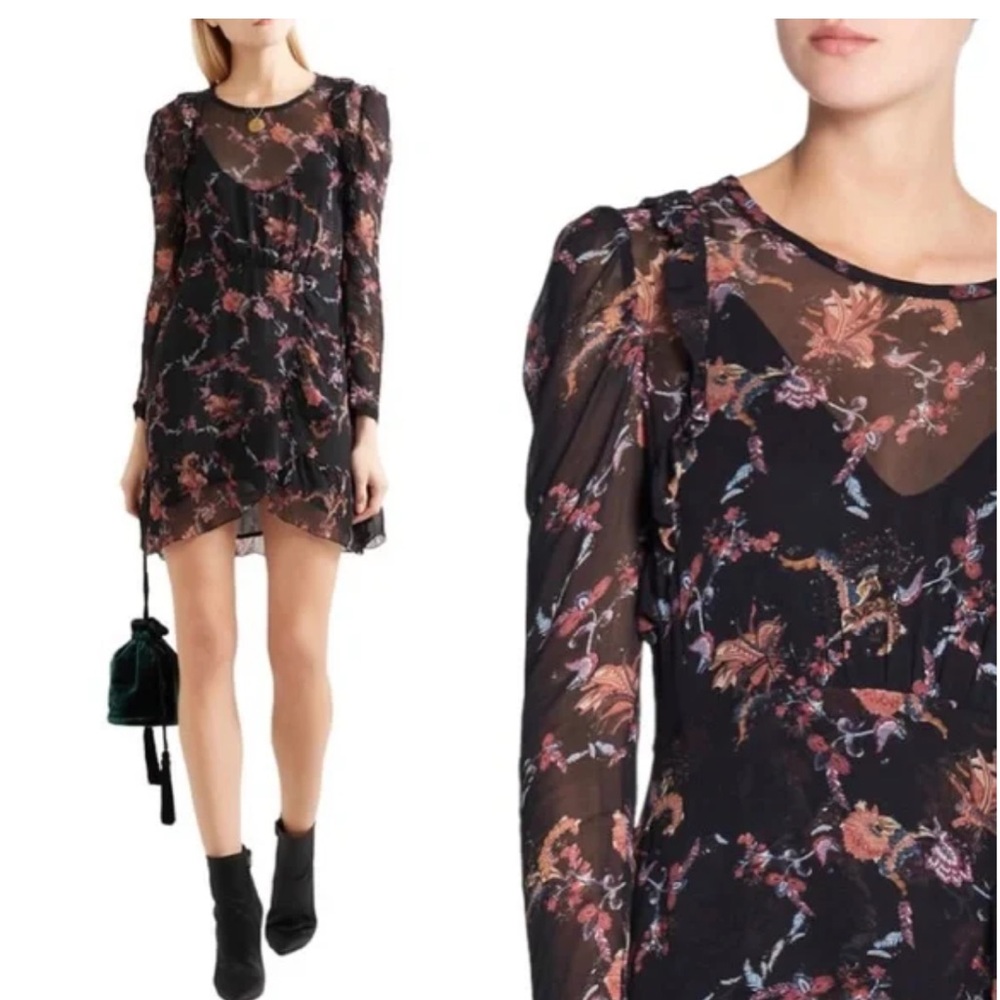 IRO Loxie Printed Ruffled Georgette Wrap-effect Mini Dress In Black Sz 38 | US 6